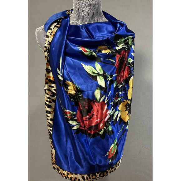 Satin Floral Shawl Scarf Wrap Blue with animal print Edge Cover 34” Square‎ - Picture 1 of 5